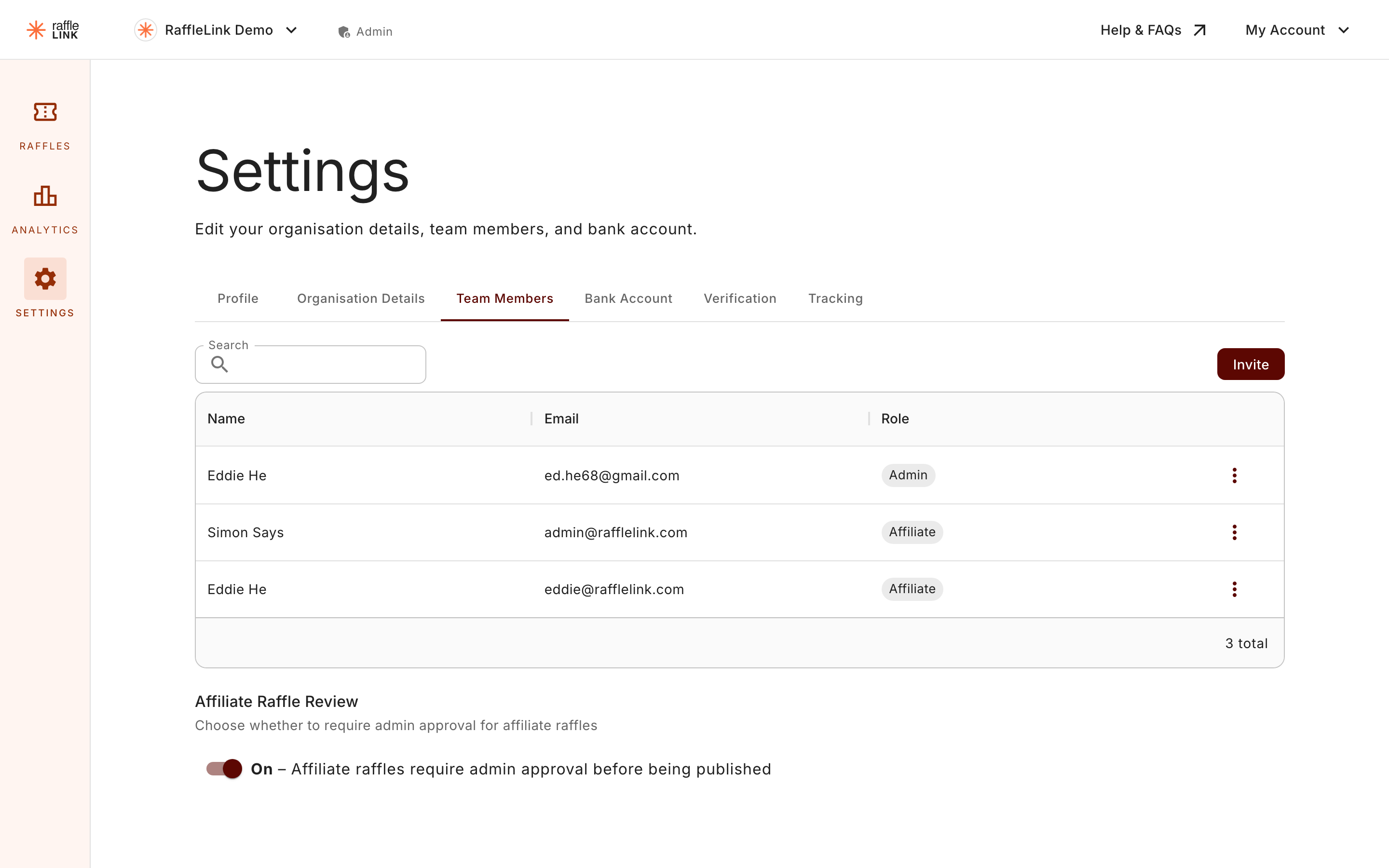 The Affiliate Raffle Review toggle on the Team Members settings tab.