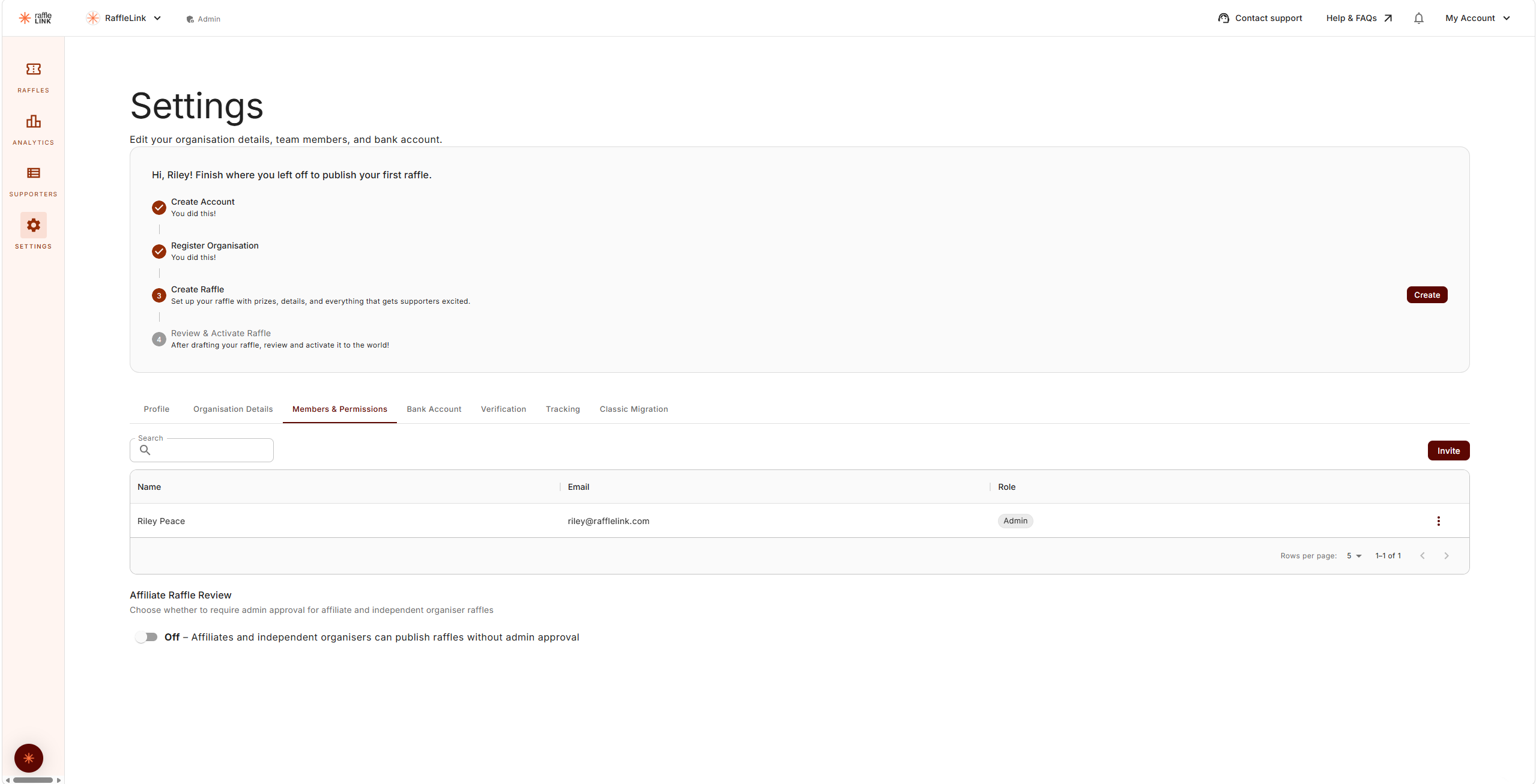 The Affiliate Raffle Review toggle on the Members & Permissions settings tab, switched off — "Affiliates and independent organisers can publish raffles without admin approval".