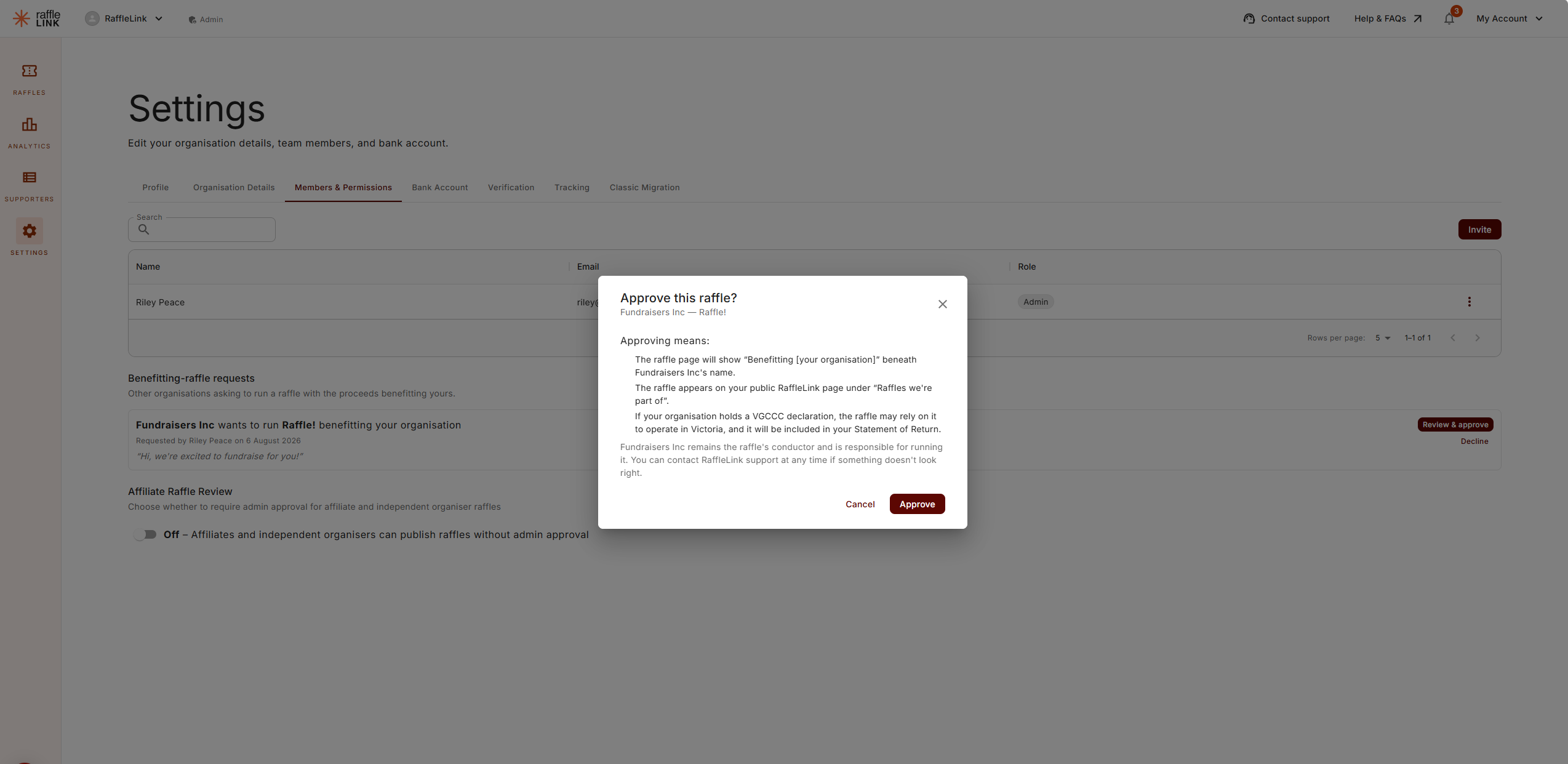 The Approve this raffle? dialog listing what approving means, including the VGCCC declaration and Statement of Return line.
