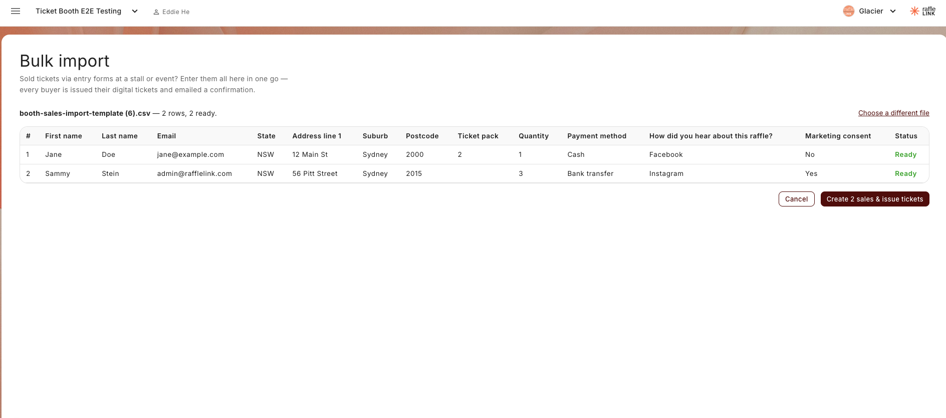 The booth Bulk import page with an uploaded file previewed row by row, ready to create the sales.