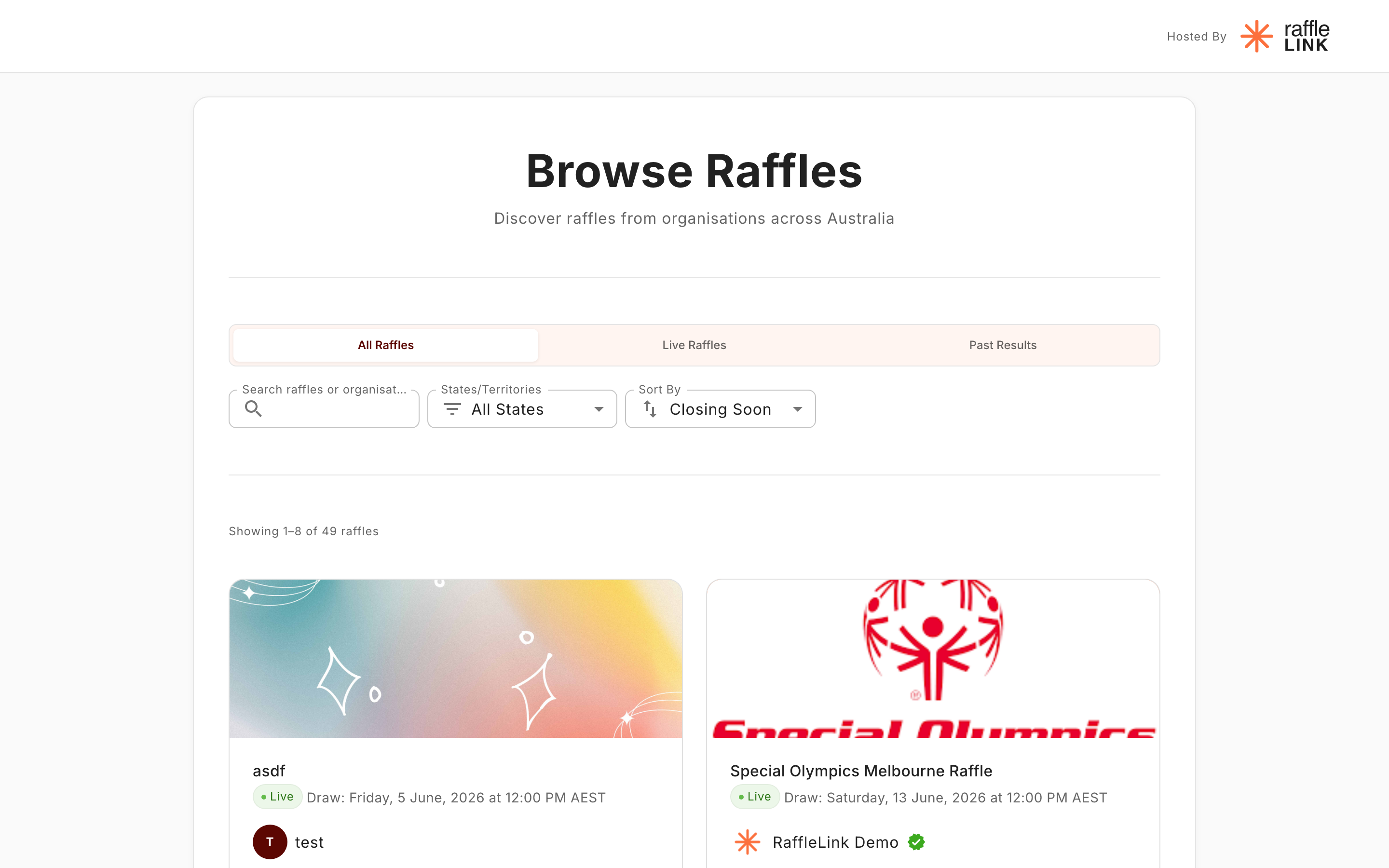 The public raffle directory with the search, filter, and sort controls.