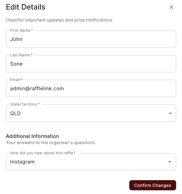 The Edit Details form on the buyer's tickets page — name, email, state, and answers to the organiser's questions.