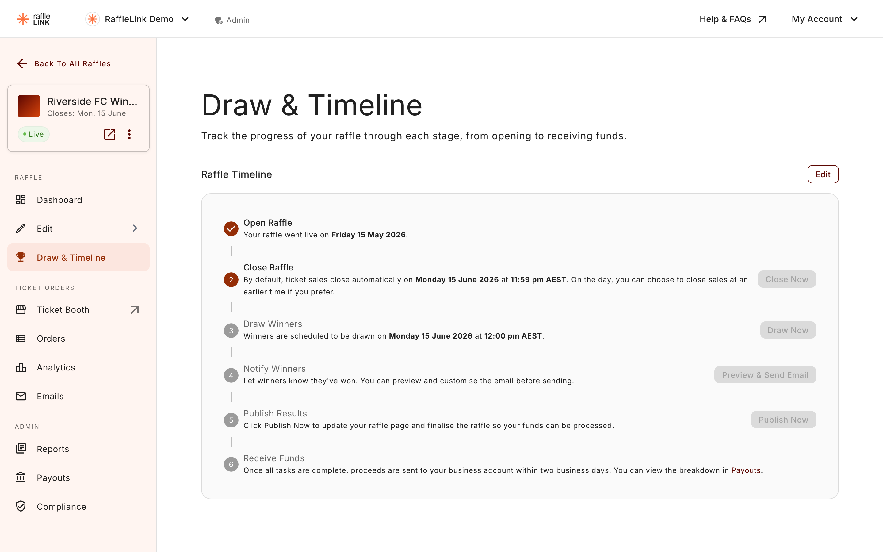 The Draw & Timeline tab on a live raffle, with the Close Now action and the upcoming draw/notify/publish steps.