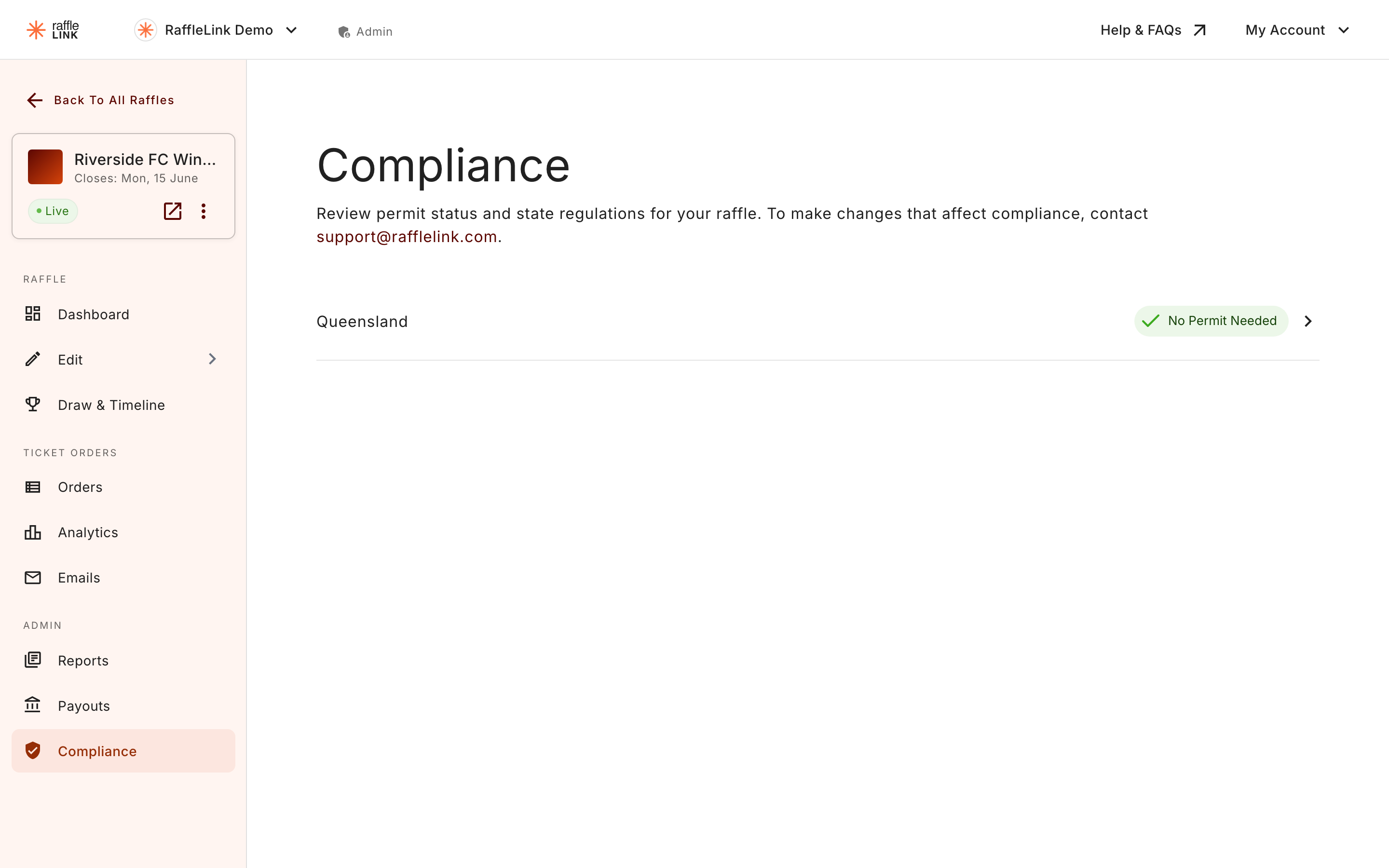 The live-raffle Compliance dashboard showing per-state permit status.