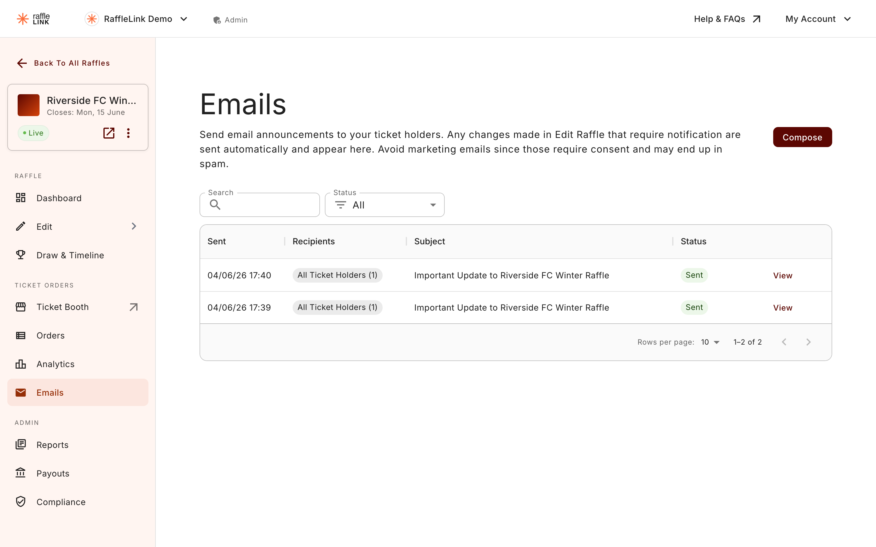 The Emails page, with the Compose button and a history of sent emails to ticket holders.