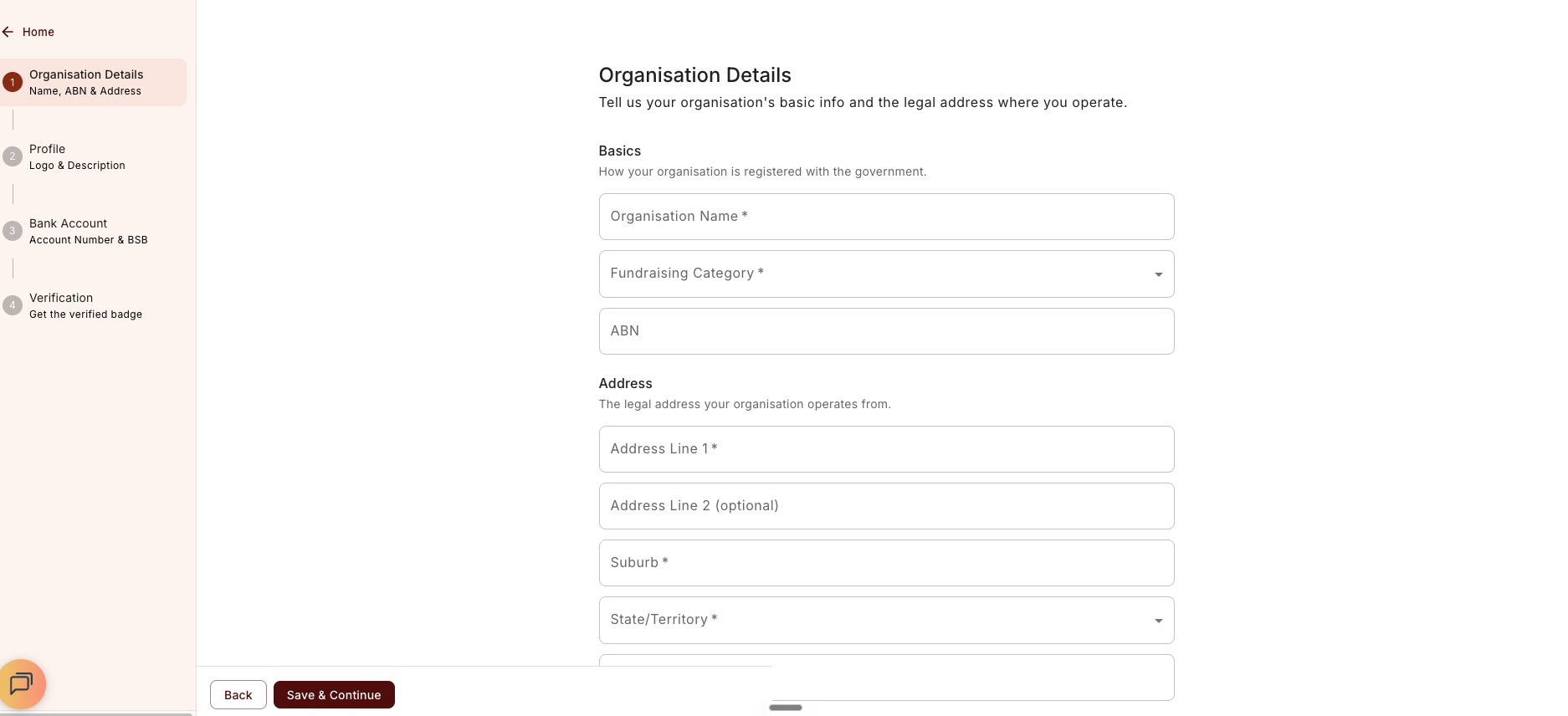 The create-organisation Organisation Details step — name, fundraising category, ABN, and legal address.