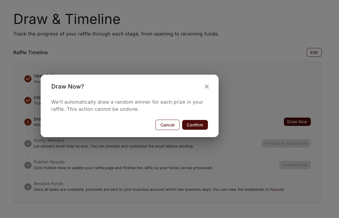 The Draw Now confirmation step on the Draw & Timeline tab.