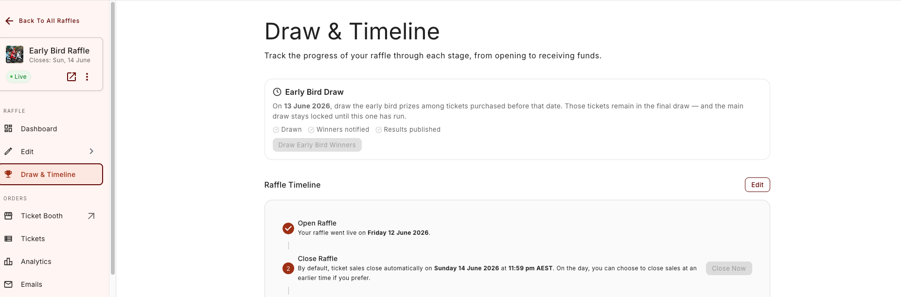 The Early Bird Draw panel on the Draw & Timeline tab, with the Draw Early Bird Winners button and the Drawn / Winners notified / Results published steps.