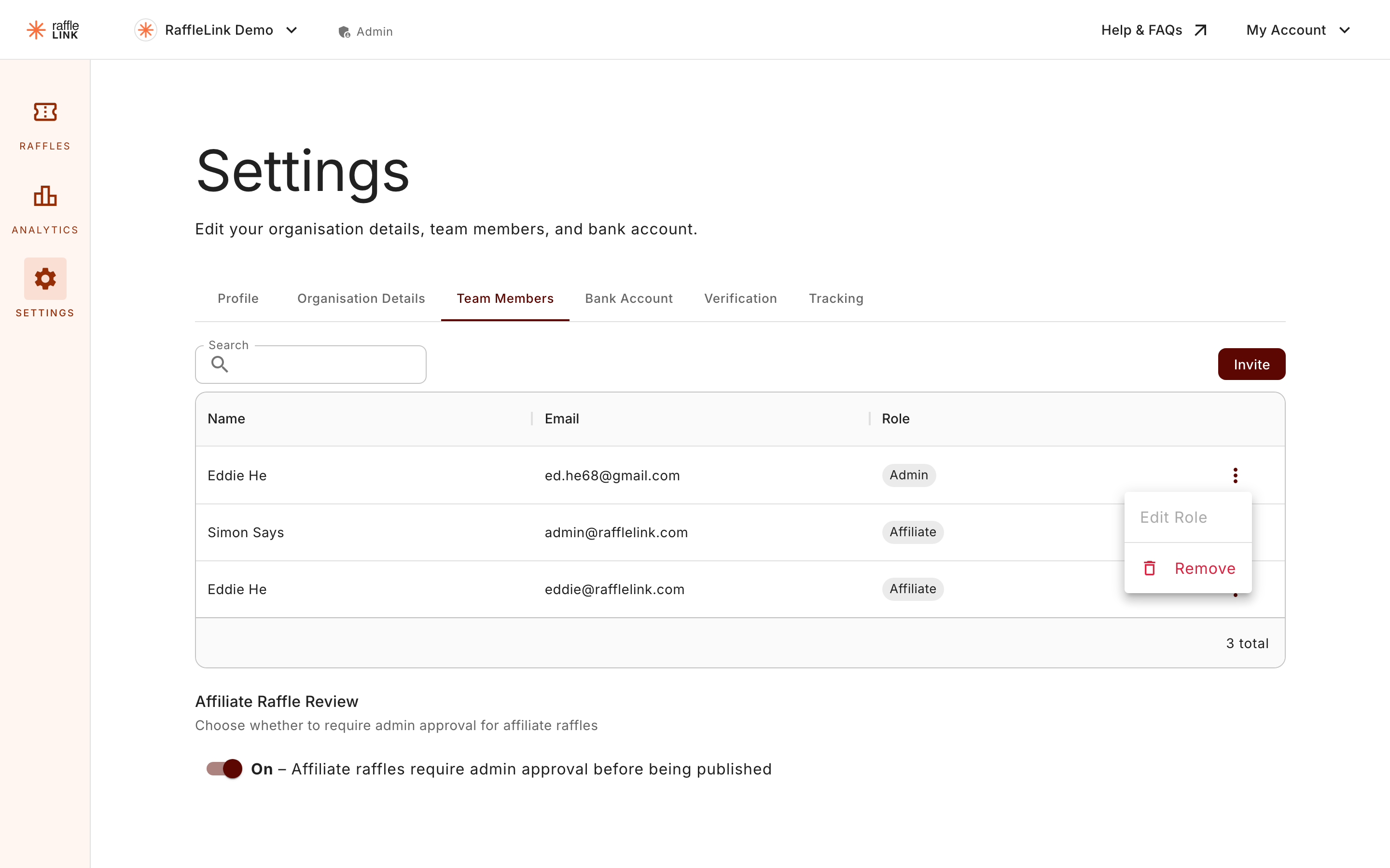 The Team Members tab, where you edit a member's role or remove them from the order's actions menu.