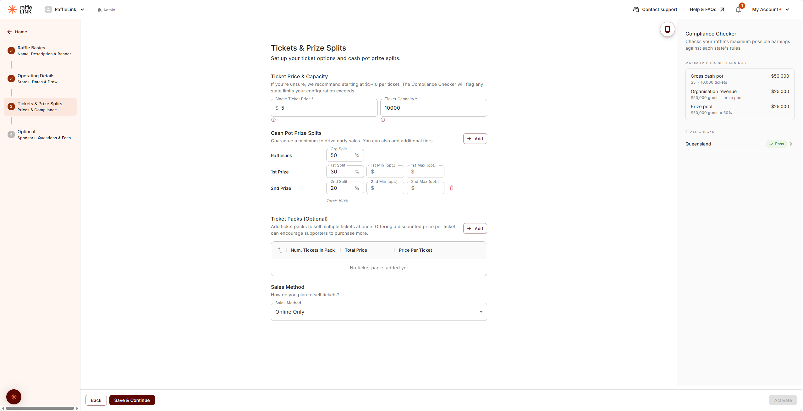 The Tickets & Prize Splits step: ticket price and capacity, a 50/30/20 split totalling 100%, and the Compliance Checker showing the maximum possible earnings alongside.