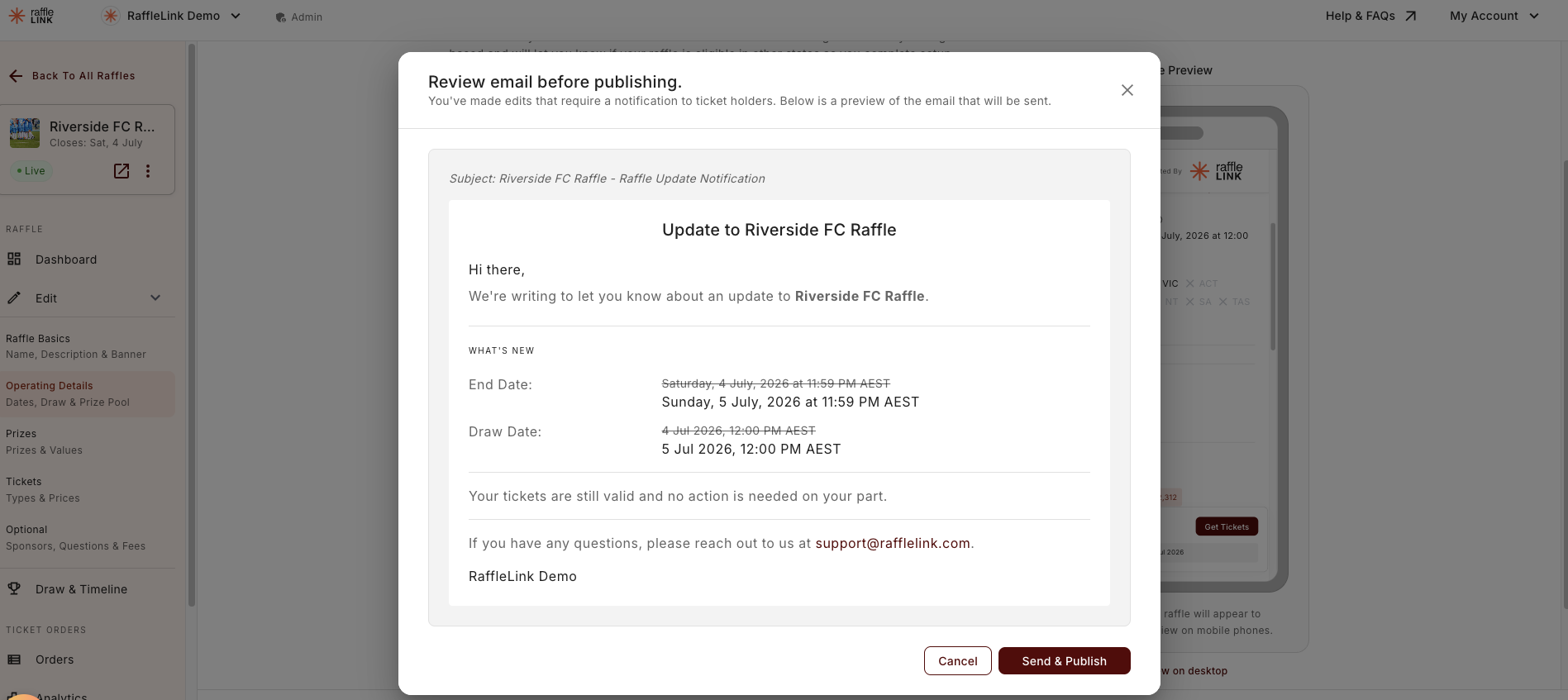 The change-notification review modal that appears when you edit a field that notifies ticket buyers, previewing the email before it sends.