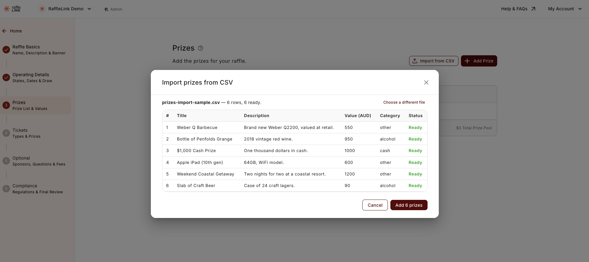 The Import prizes from CSV window, showing an uploaded file with its rows previewed and marked ready.
