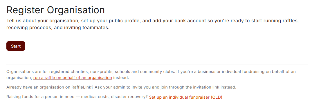 The Register Organisation screen, with the Set up an individual fundraiser (QLD) link at the bottom.