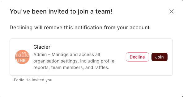 The 'You've been invited to join a team' prompt shown at sign-in for a user with a pending invitation.