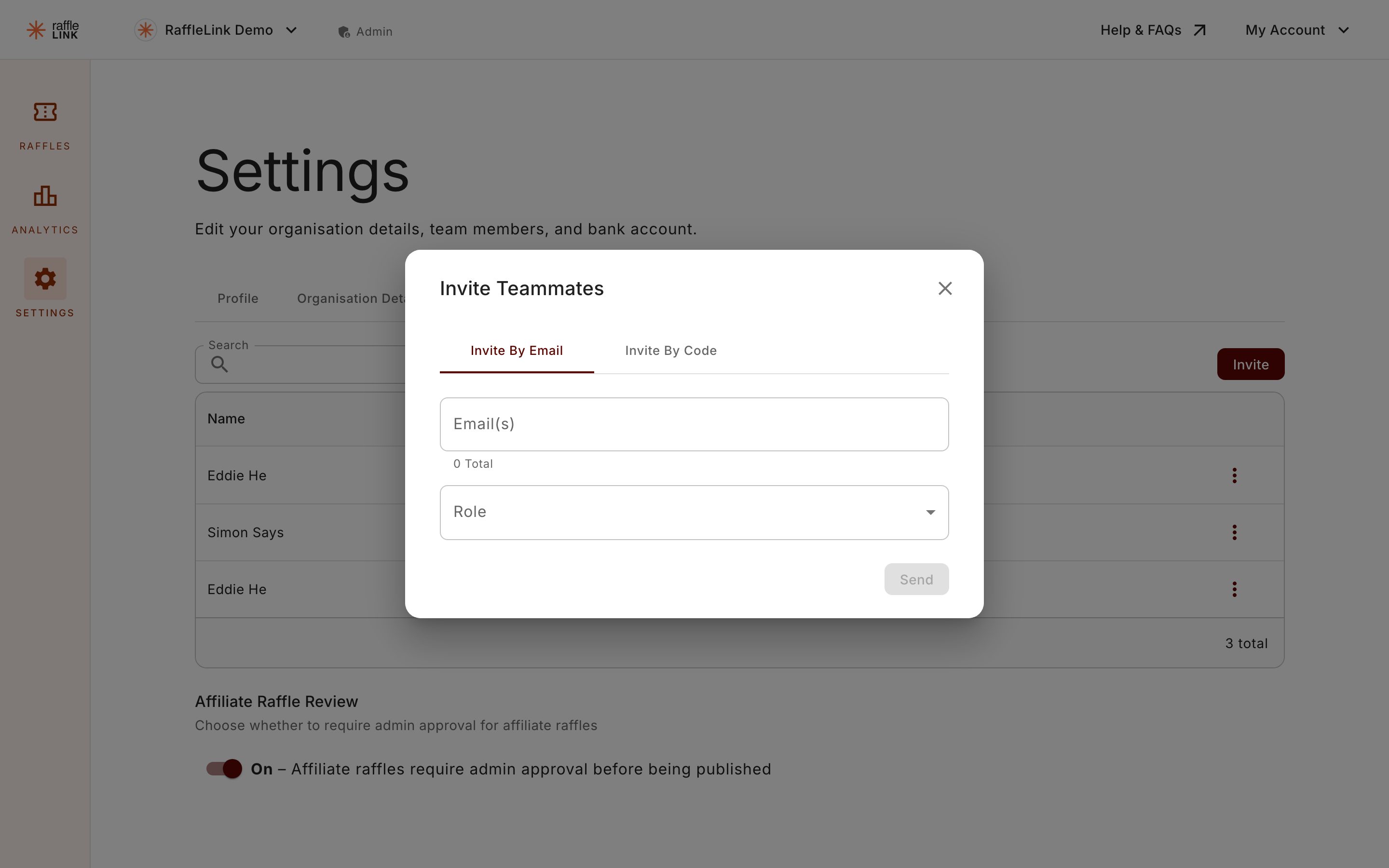 The Invite Teammates dialog, where you pick the Ticket Seller role from the role dropdown.