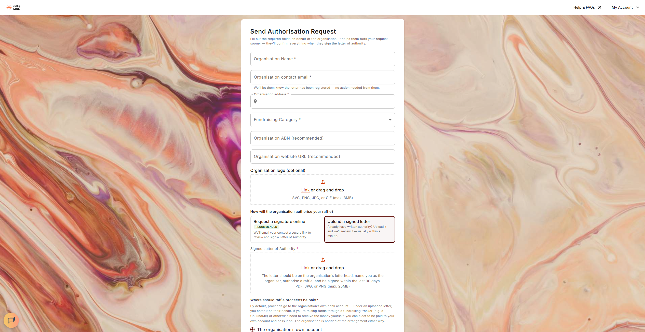 The Send Authorisation Request form, showing the choice between Request a signature online and Upload a signed letter, with the letter upload area below.