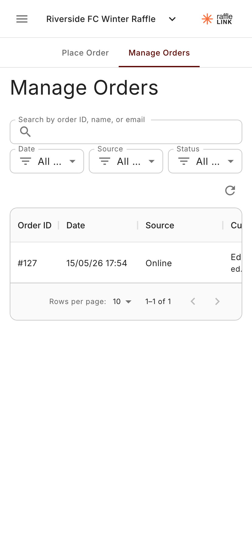 The booth's Manage Orders page on a phone, with the Source column showing Online vs booth sales.