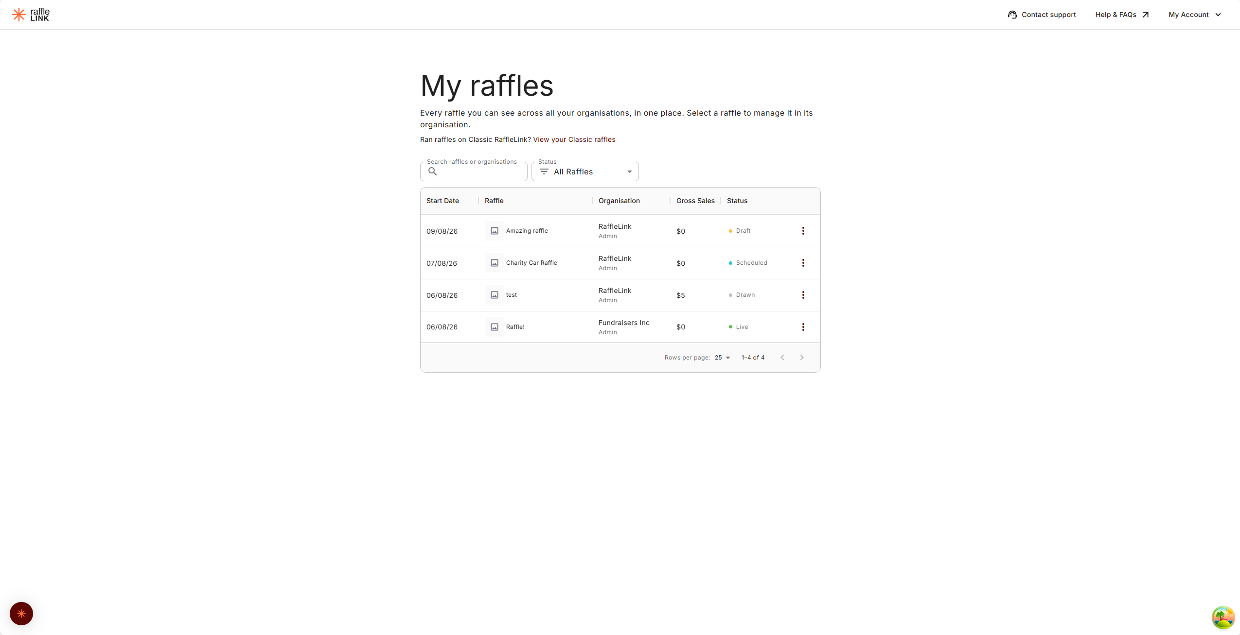 The My raffles page, listing raffles from two organisations with an Organisation column showing the org name and your role in it.
