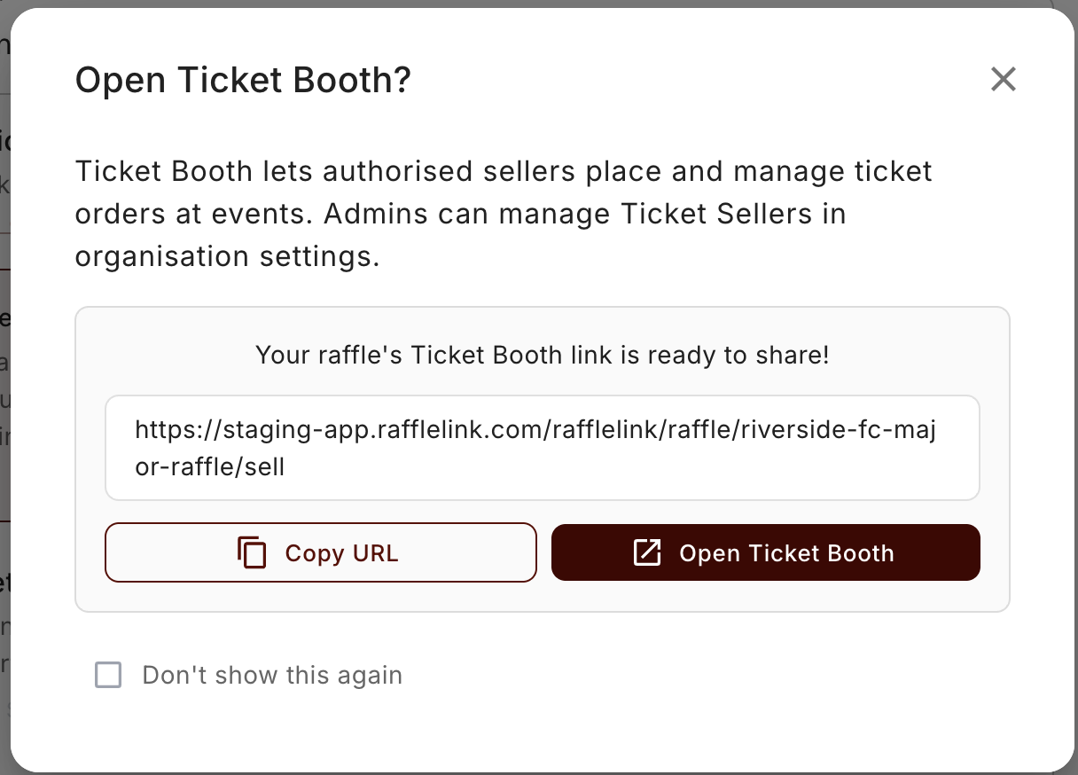The Open Ticket Booth dialog, showing the booth URL with Copy URL and Open Ticket Booth buttons.