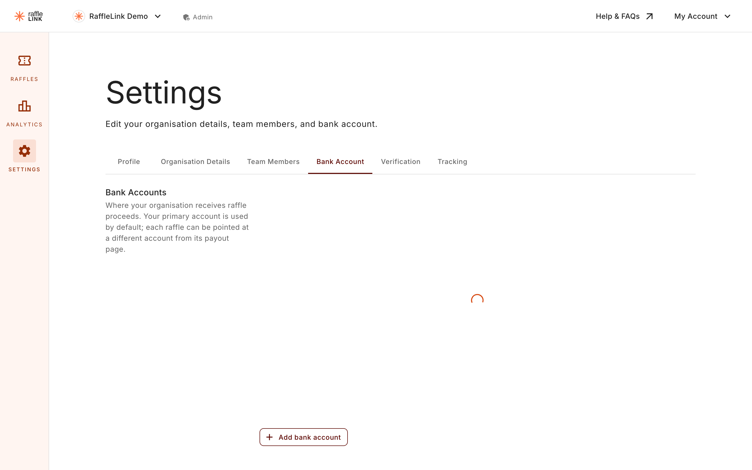 Your organisation's Bank Account settings, where payout accounts are added and managed.