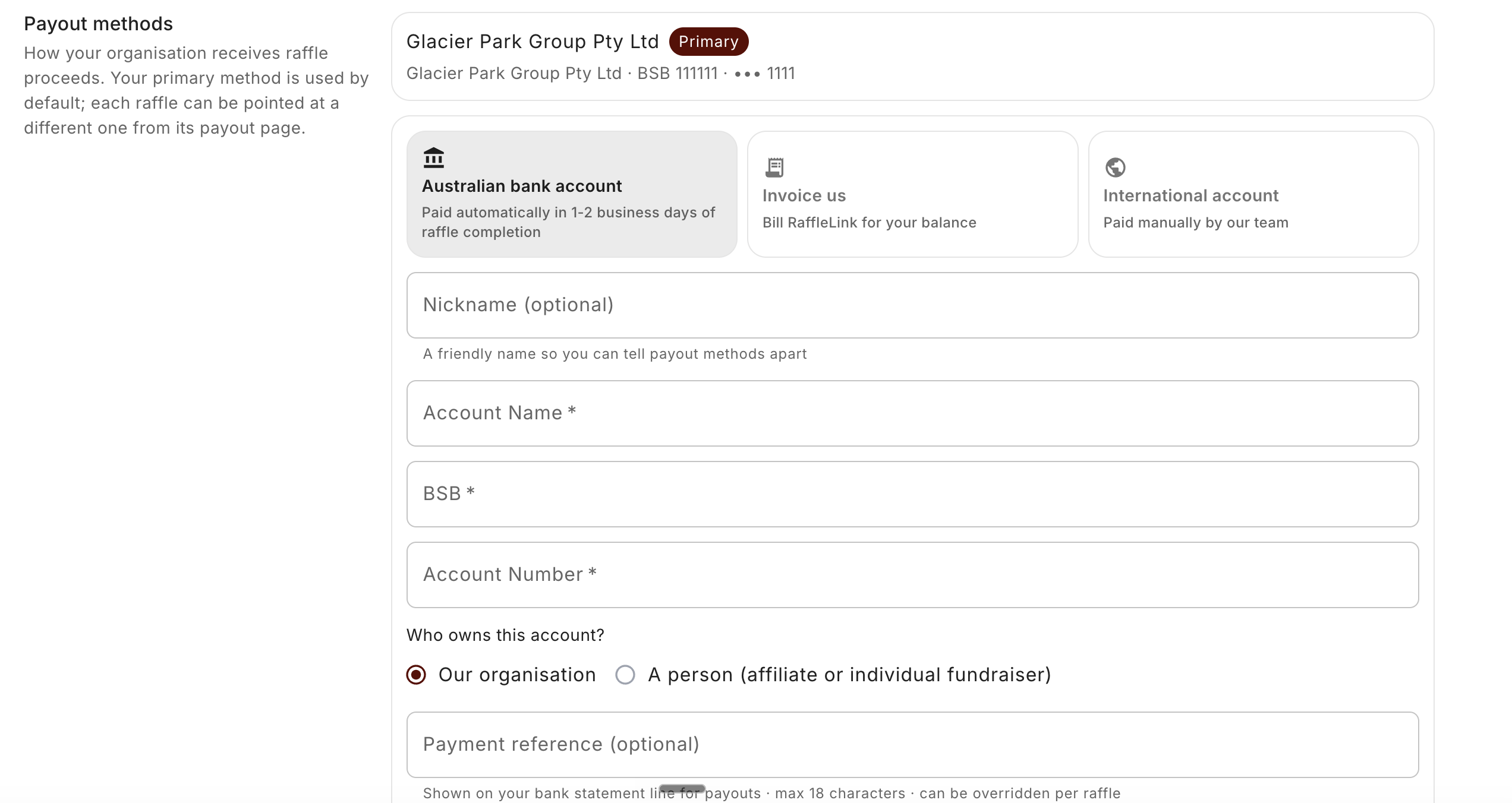 The Payout methods form, with the Australian bank account / Invoice us / International account options and the "Who owns this account?" choice.