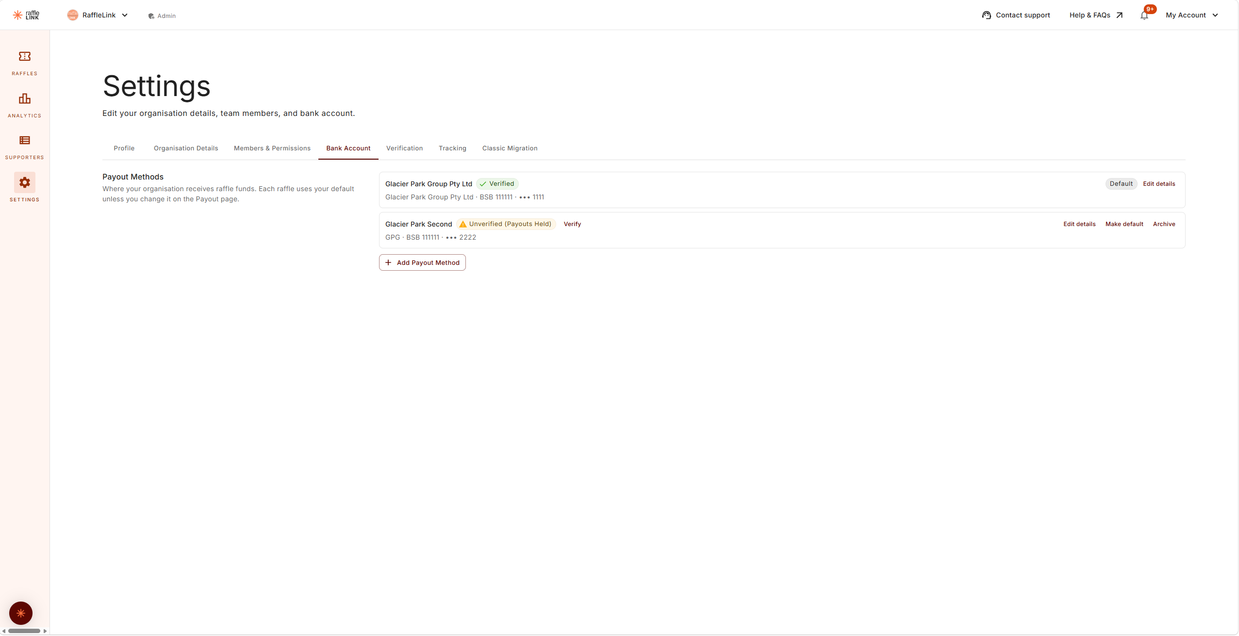 The Bank Account settings tab with two payout methods listed — one marked Default, the other showing Edit details, Make default, and Archive.
