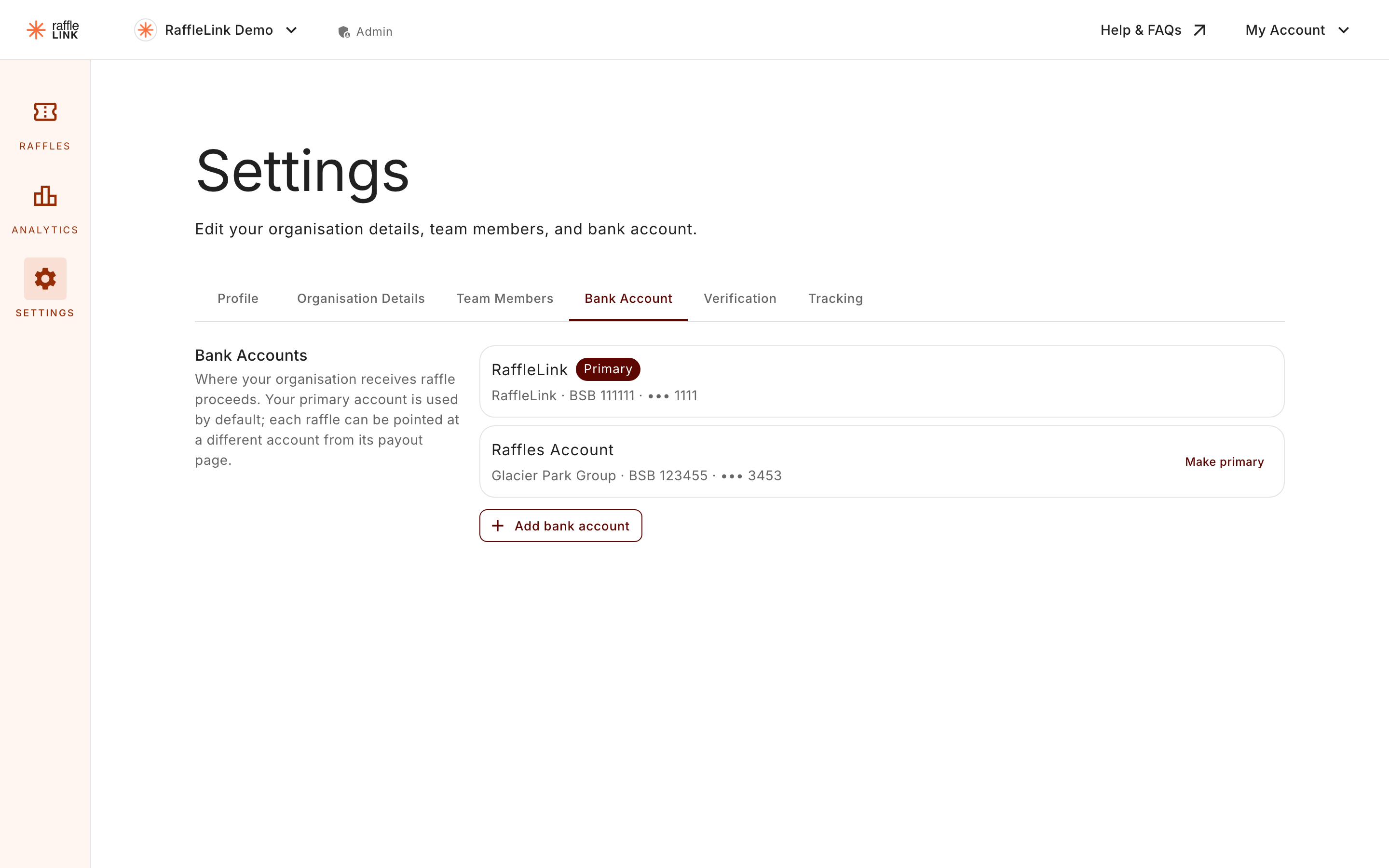 The Bank Account settings page with multiple accounts listed and a primary marker.