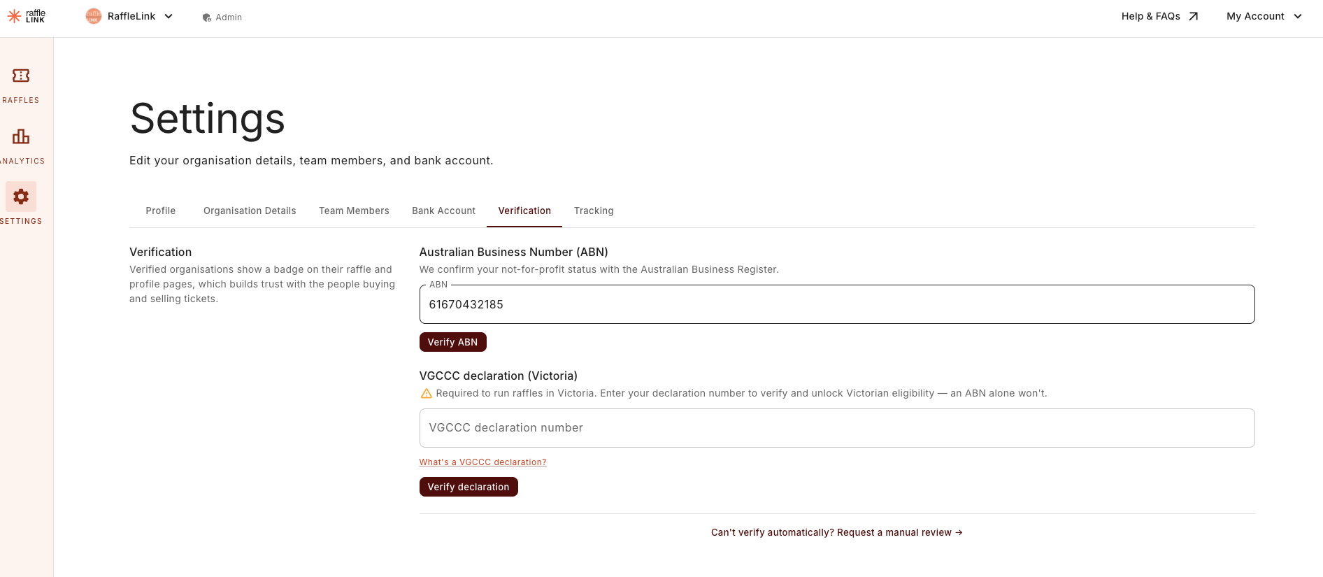 The Verification settings panel showing the ABN and VGCCC declaration fields and the manual-review link.