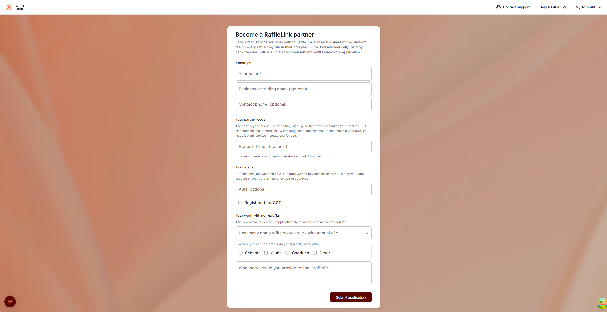 The partner application form, with the About you, Your partner code, Tax details, and Your work with non-profits sections.