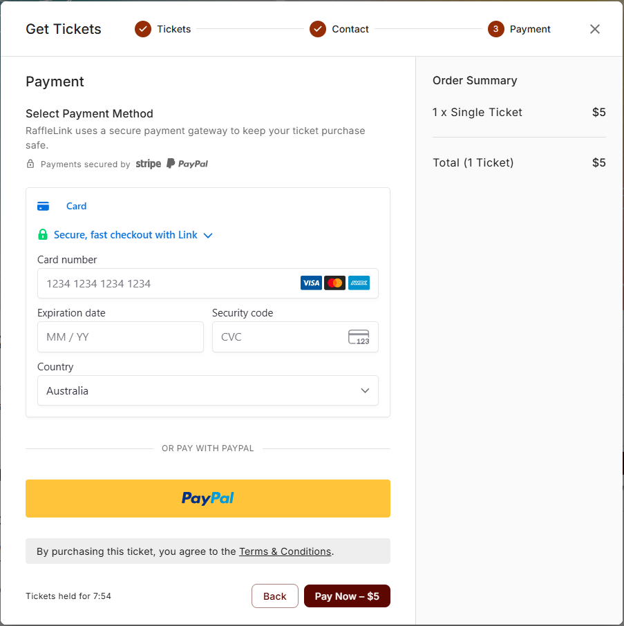 The Payment step of checkout, showing the "Payments secured by" line and the card form.
