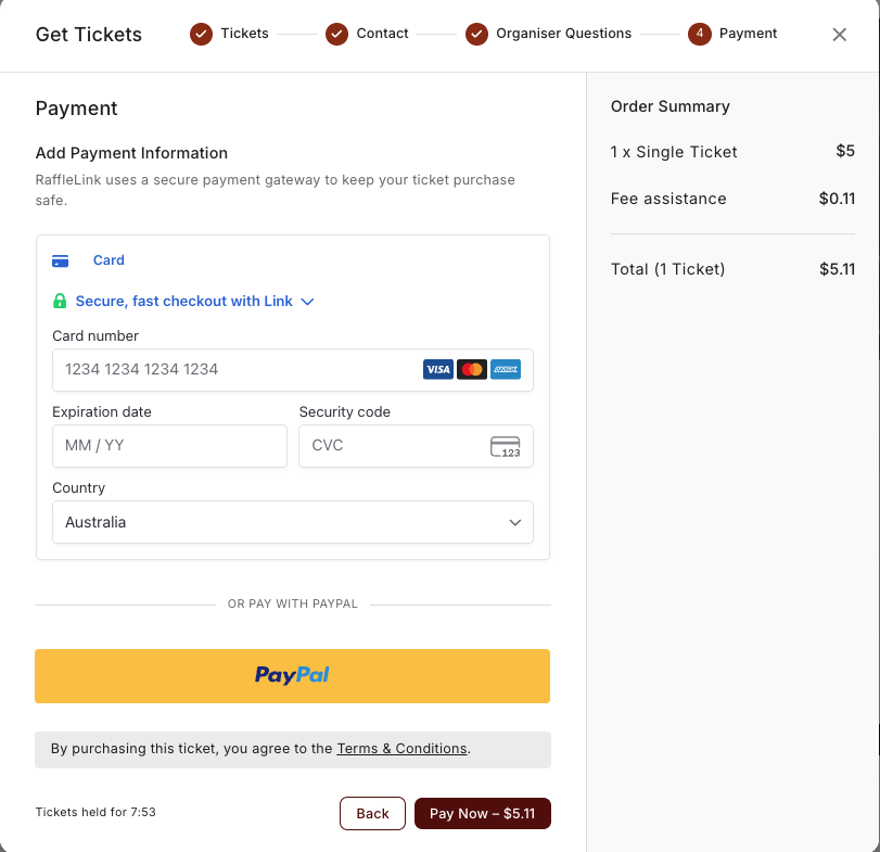 The Payment step of checkout, showing the card form with the PayPal option below it.