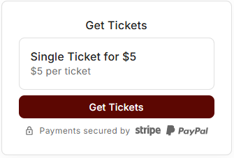 The Get Tickets box on a raffle page, with a Payments secured by line beneath the button.