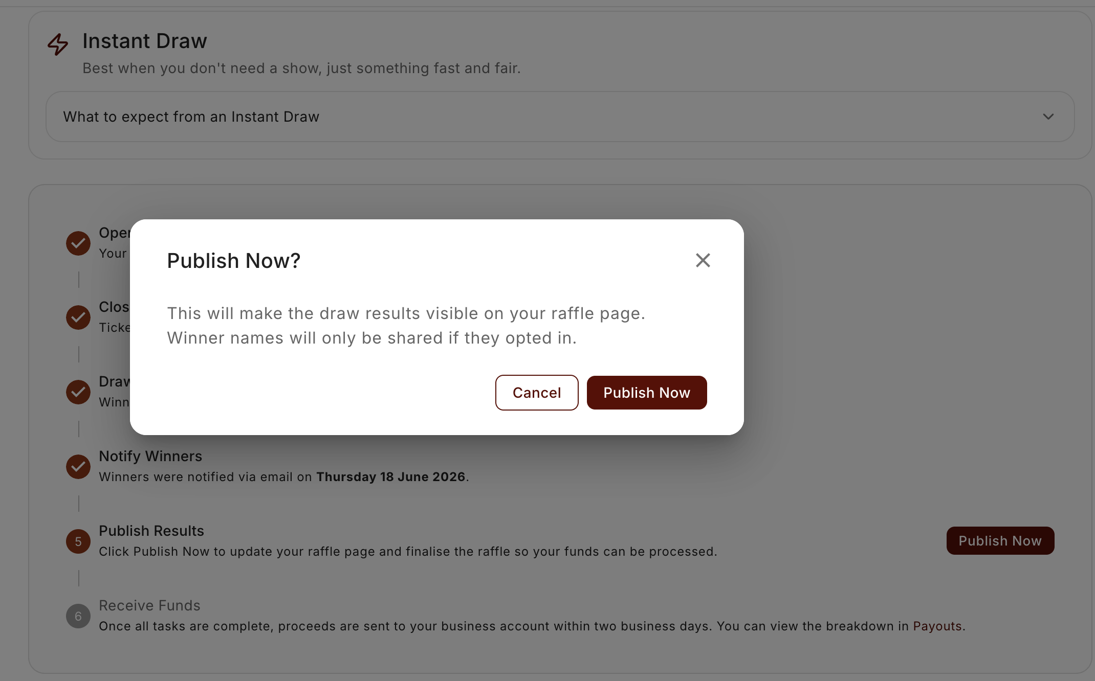 The Publish Now confirmation on the Draw & Timeline tab.