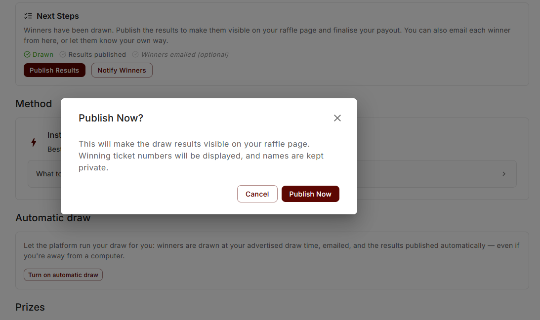 The Publish Now confirmation on the Draw & Timeline tab.