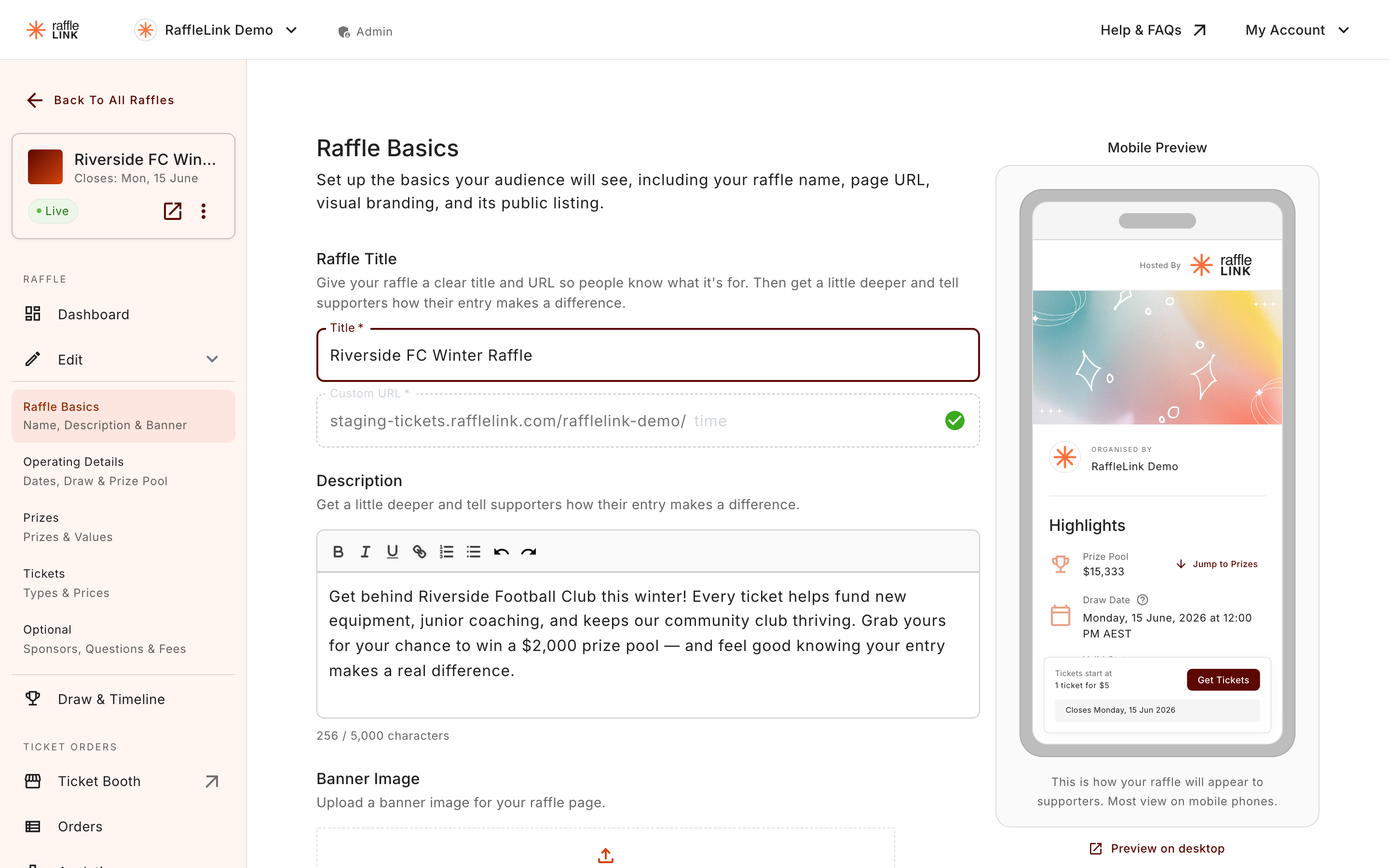The Basics step of the raffle builder, with the name, URL, banner upload, and description fields.