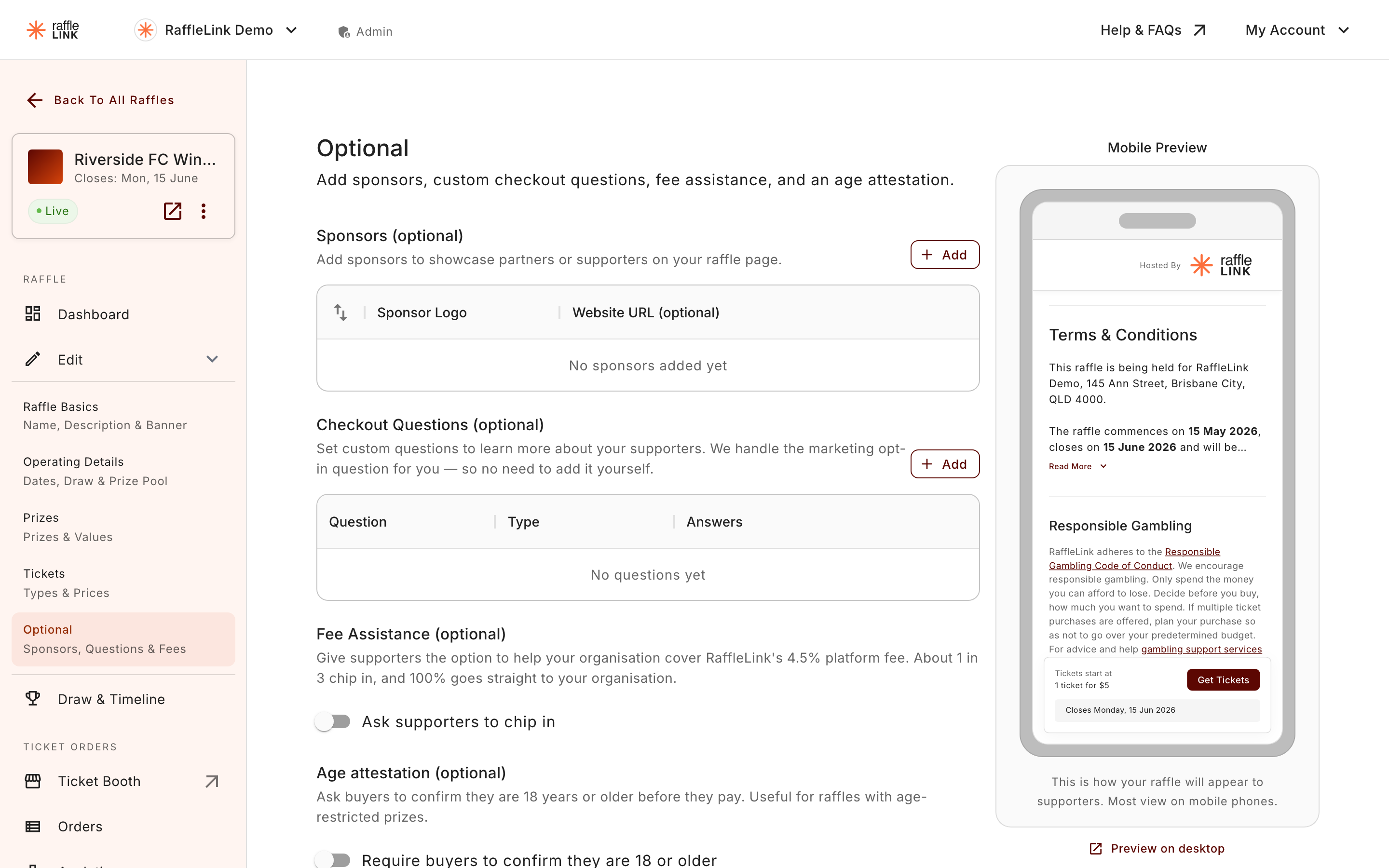 The Optional step, showing sponsors, checkout questions, fee assistance, and the age attestation toggle.