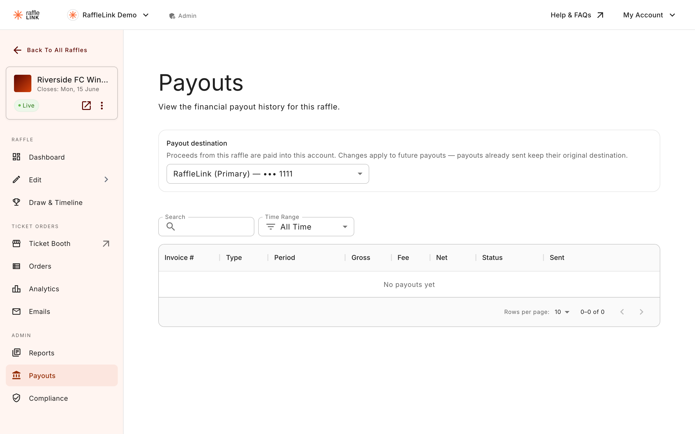 The Payouts page, showing the payout destination and the payout history table.