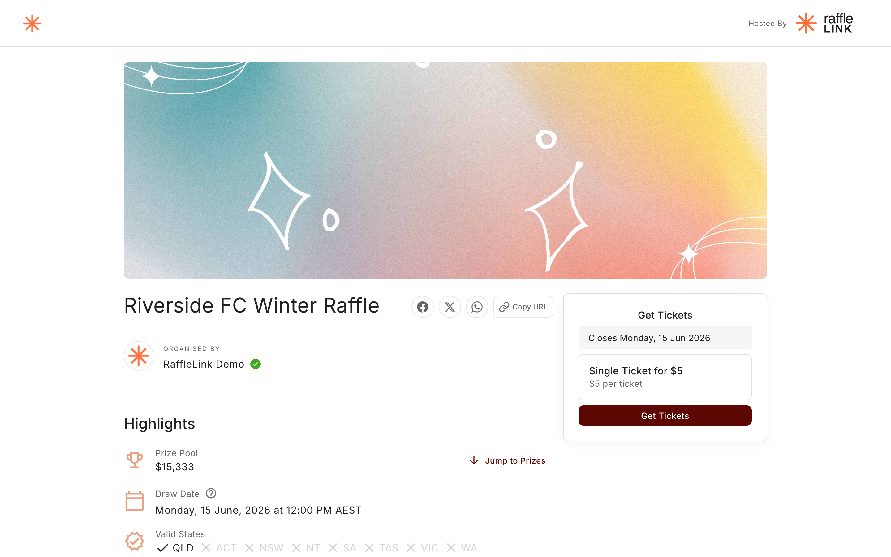 The public raffle page as a buyer sees it — banner, prizes, highlights, and the Get Tickets panel.