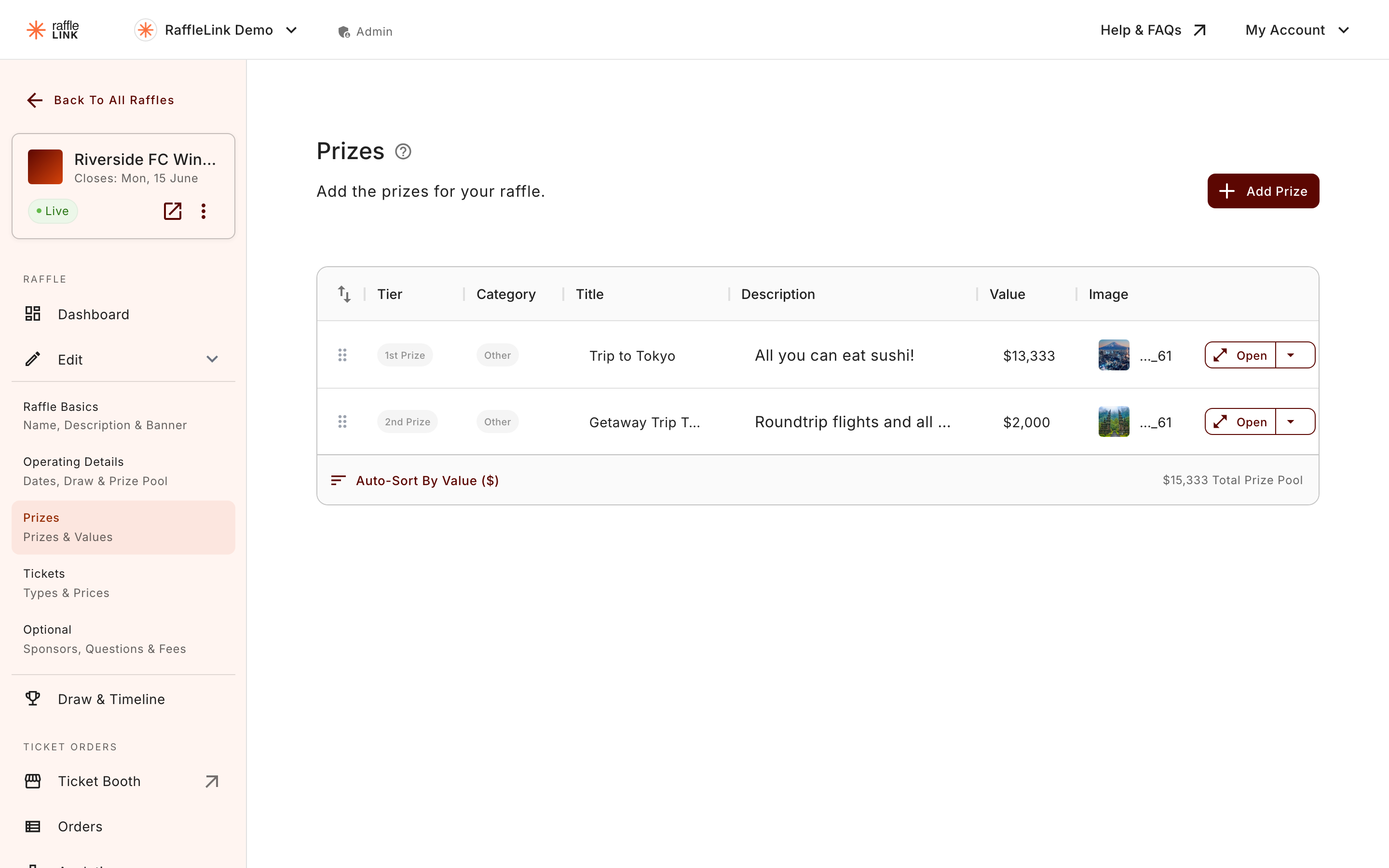 The Prizes step with prizes added — tier, category, title, value, and image.