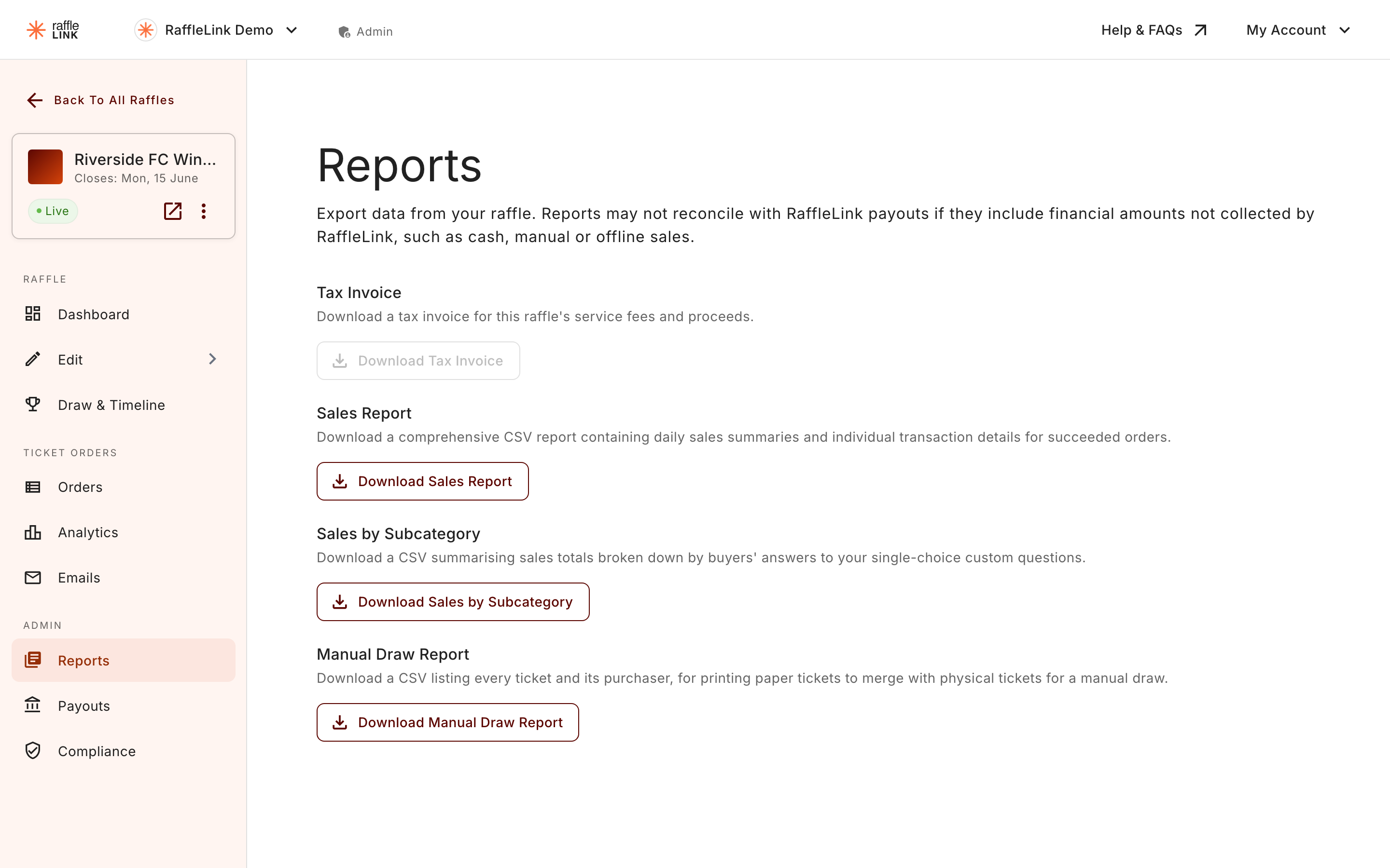 The Reports page showing the Tax invoice, Sales report, Sales by Subcategory, and Manual draw report downloads.