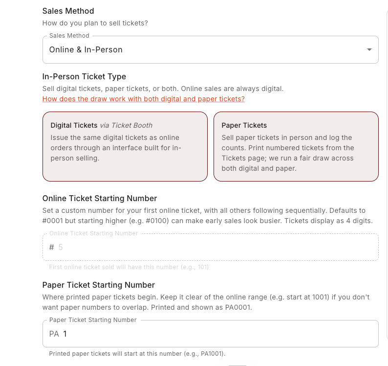 The Sales method set to Online & In-Person, with the Digital Tickets via Ticket Booth and Paper Tickets cards.