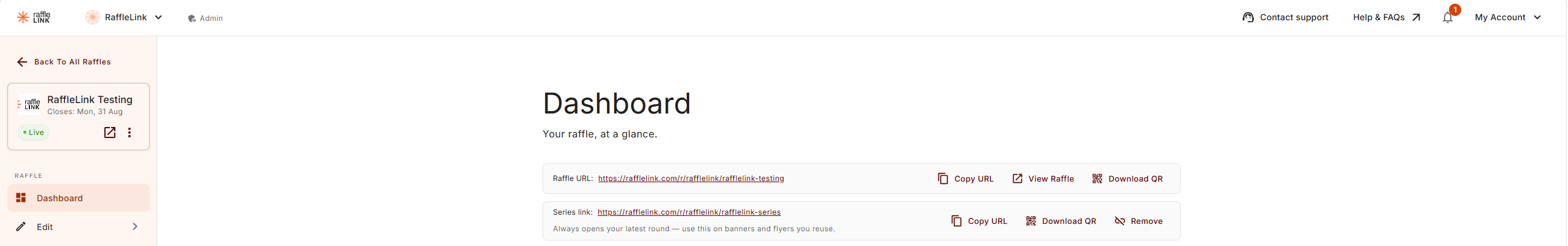 The raffle Dashboard showing the Raffle URL and, beneath it, the Series link with Copy URL, Download QR, and Remove.