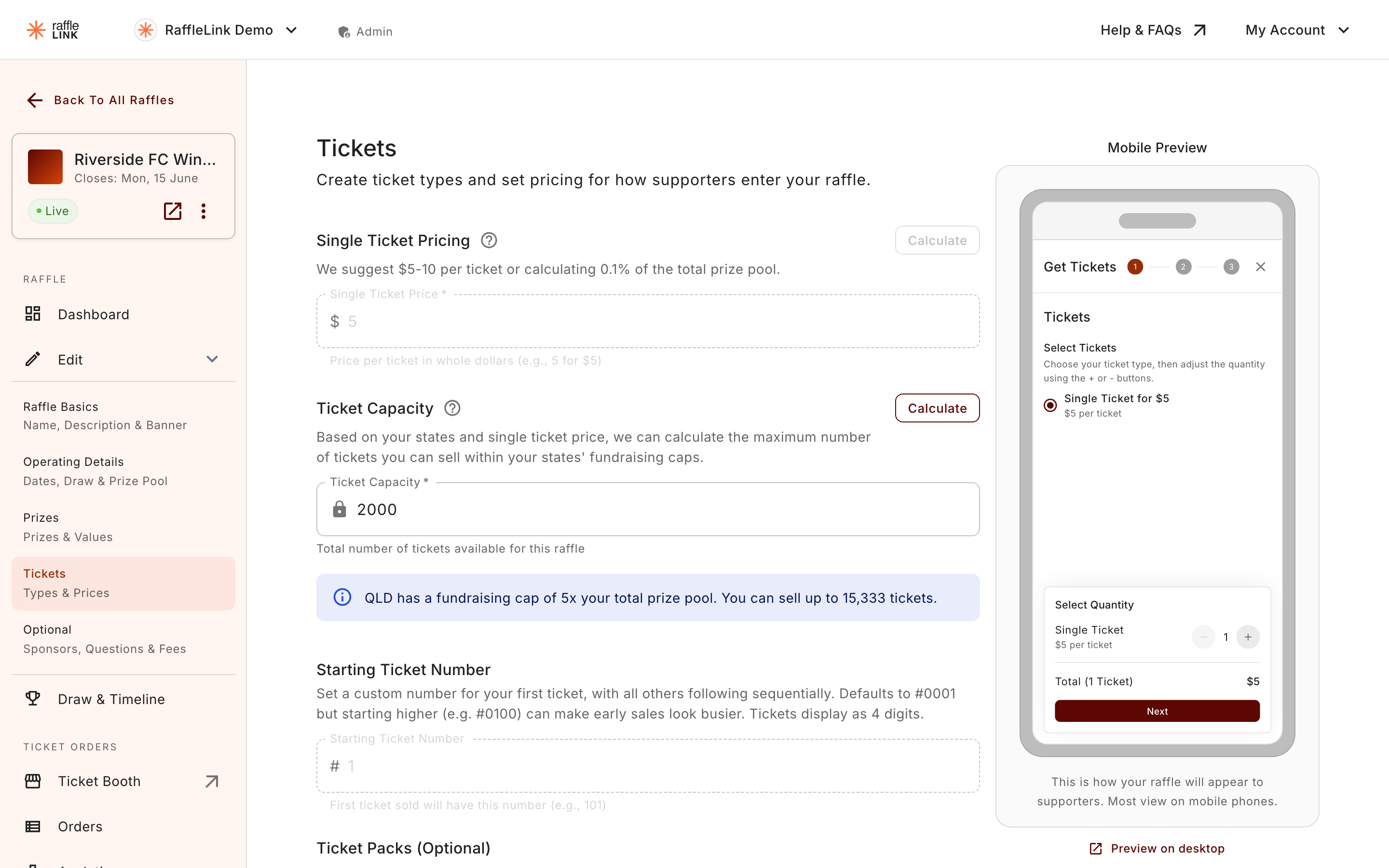 The Tickets step, showing single ticket pricing, ticket capacity, starting number, and ticket packs.