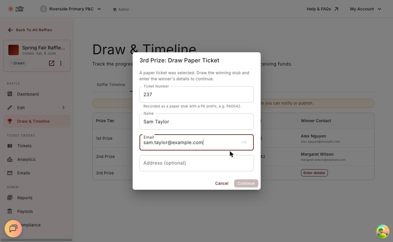 The Draw Paper Ticket window for a prize, with the stub number, name and email fields.