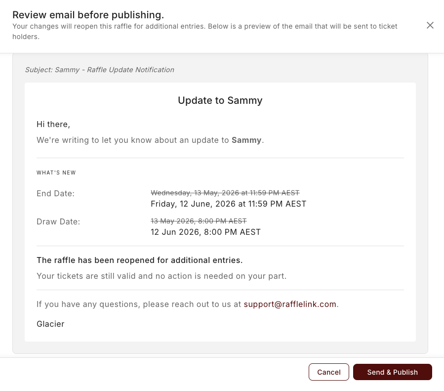 The review-email step when a change will reopen the raffle, with the 'Your changes will reopen this raffle for additional entries' message above the email preview.