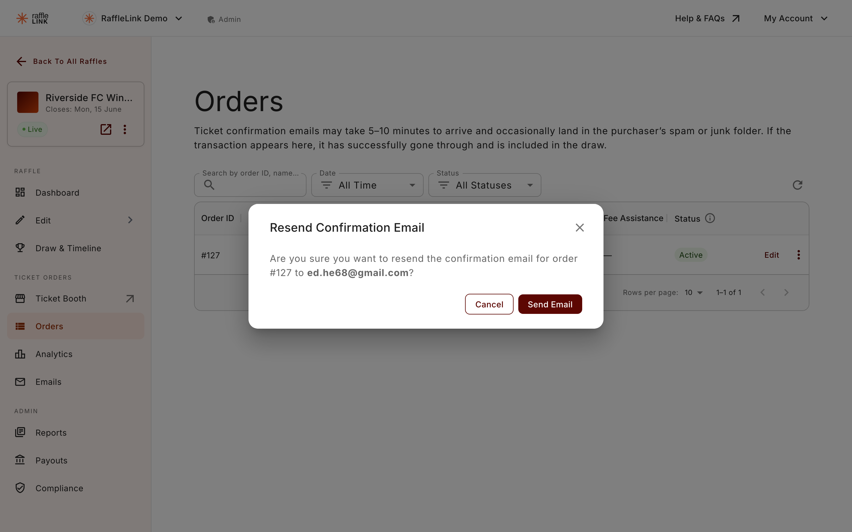 The order actions menu, including Resend Email.