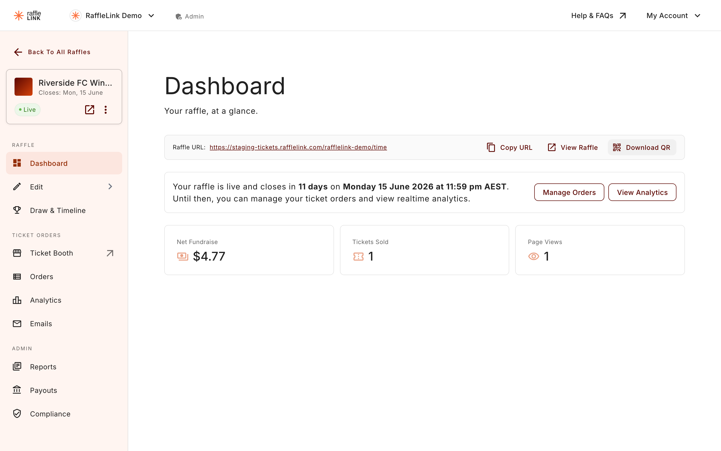 The raffle overview's sharing row — Copy URL, View Raffle, and Download QR.