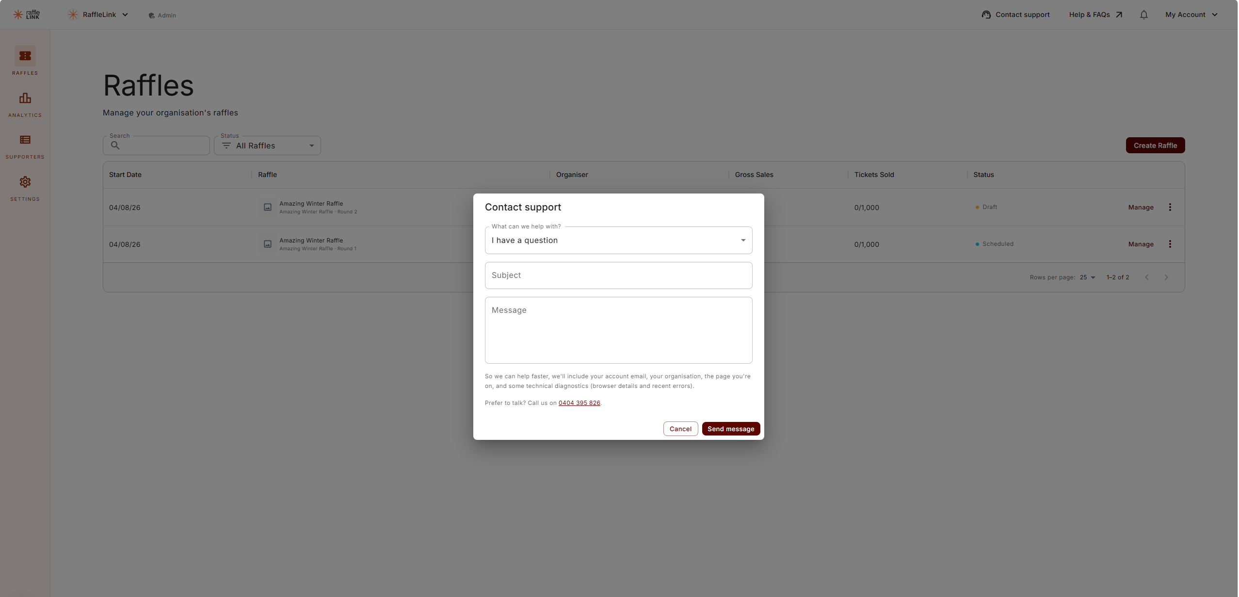 The Contact support dialog, with the category dropdown, Subject and Message fields, and the note about what's included.