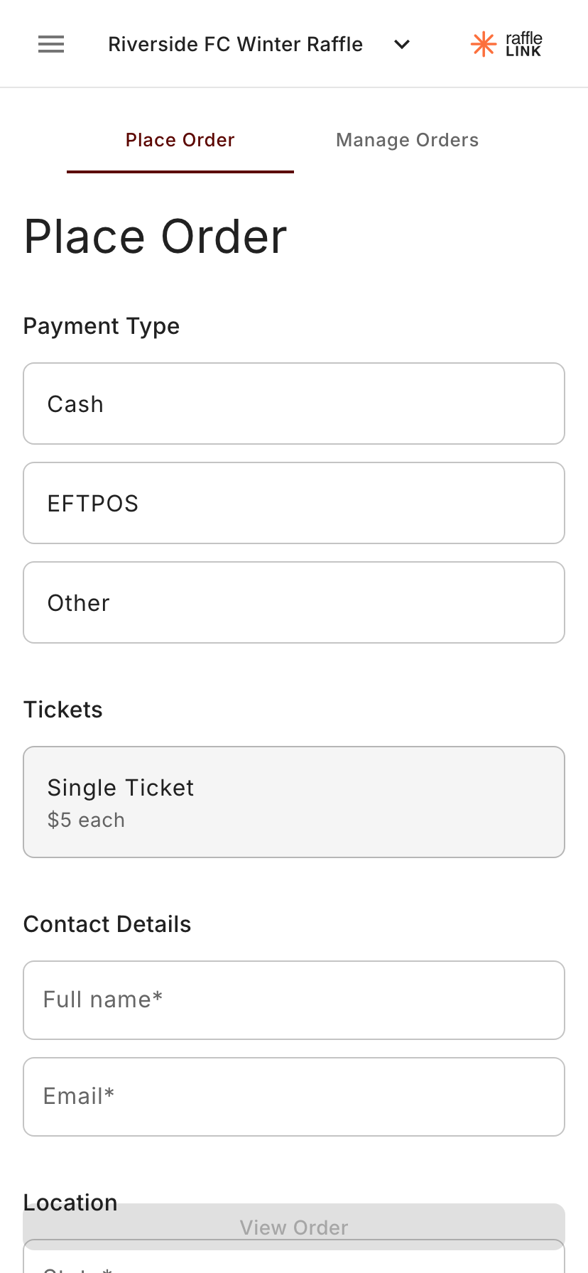 The Ticket Booth place-order screen on a phone — payment type, ticket selection, and buyer contact details.