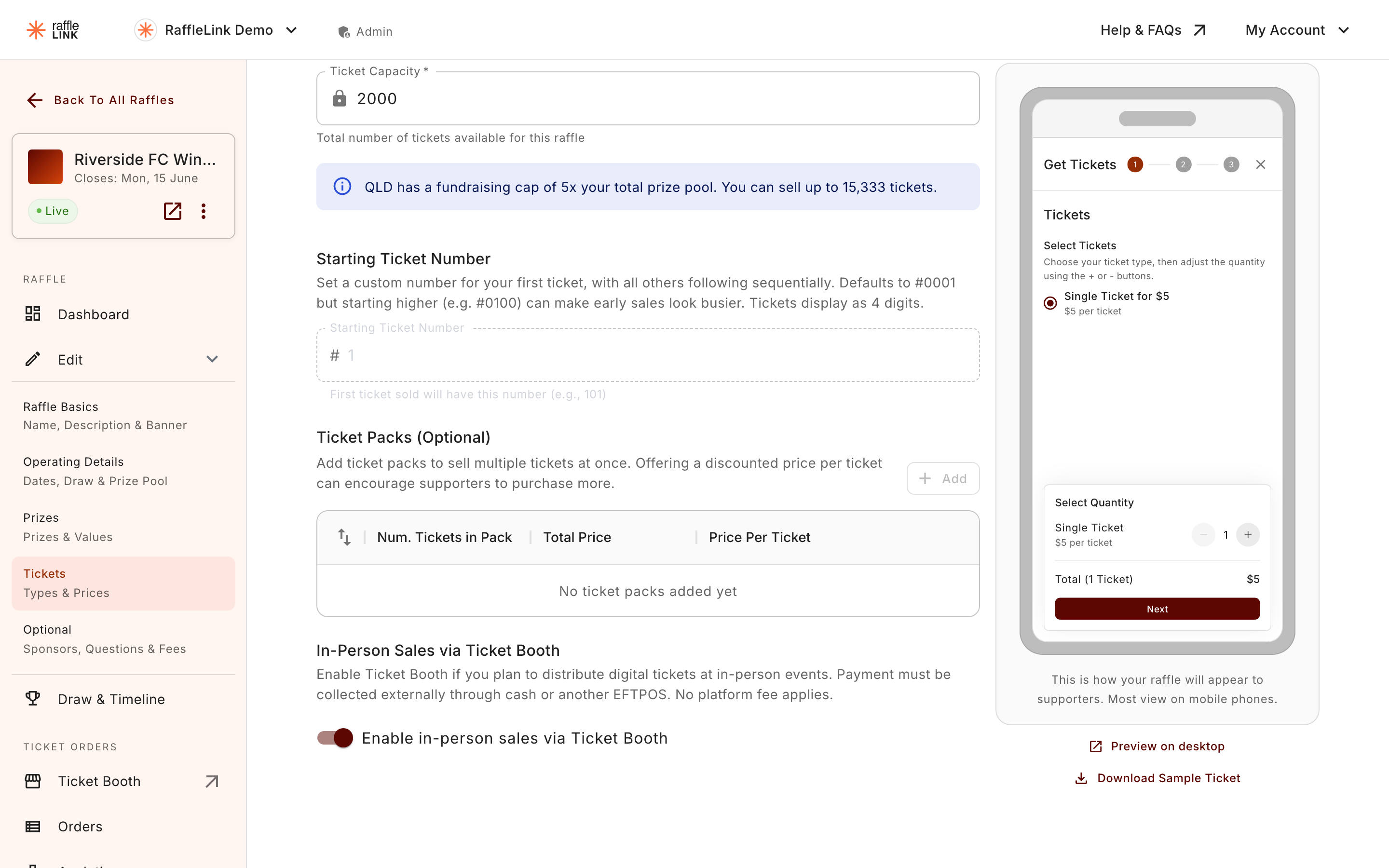 The "Enable in-person sales via Ticket Booth" toggle on the Tickets edit step.